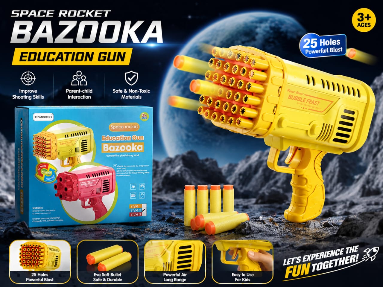 Space Rocket Bazooka Education Gun – 25-Hole Soft Bullet Toy Gun for Kids