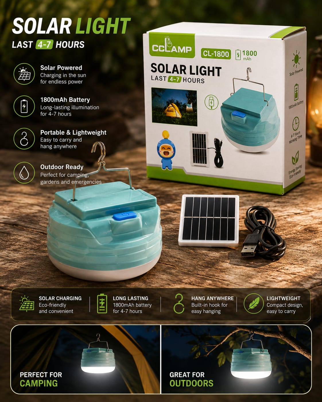 CcLamp Solar Light – 1800mAh | Lasts 4-7 Hours | Camping & Outdoor Lantern
