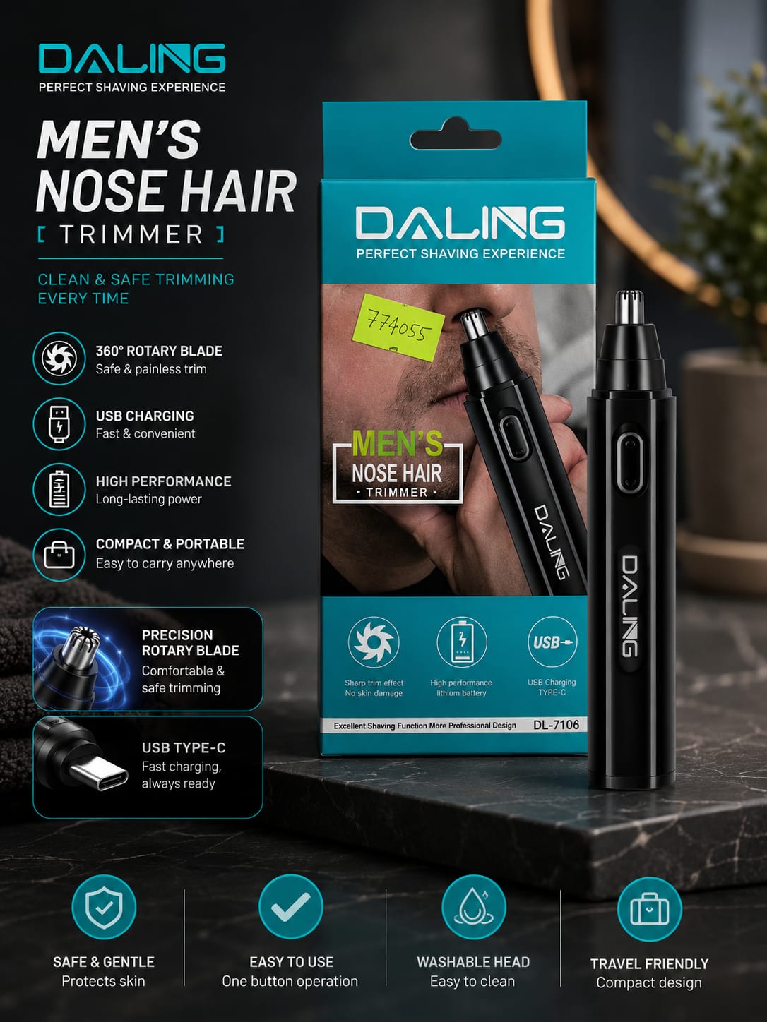 Daling Men's Nose Hair Trimmer – USB Rechargeable | DL-7106